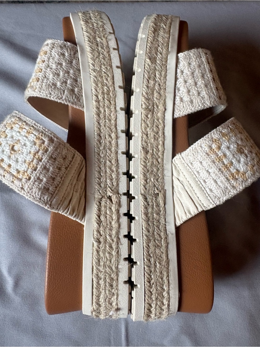 Altar’d State Woven Crochet Double-Strap Slide Platform Sandals in Cream and Tan - Picture 3 of 5